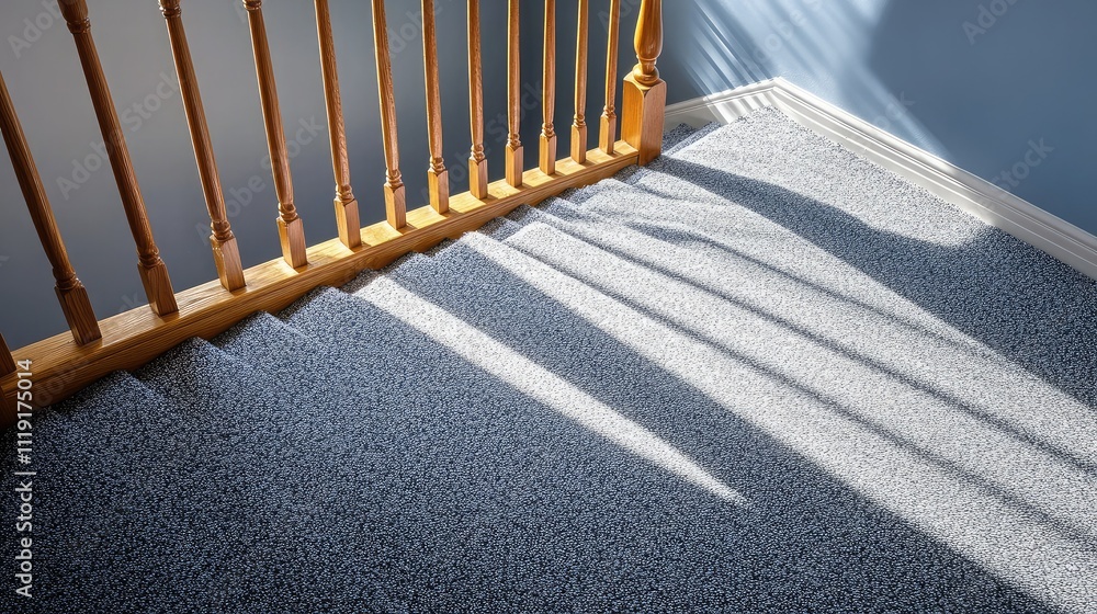 Aufkleber sunlight casting shadows on textured gray carpet with wooden railings creating warmth in a modern ho