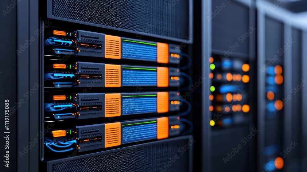 Poster server racks with cables and indicators in a data center.