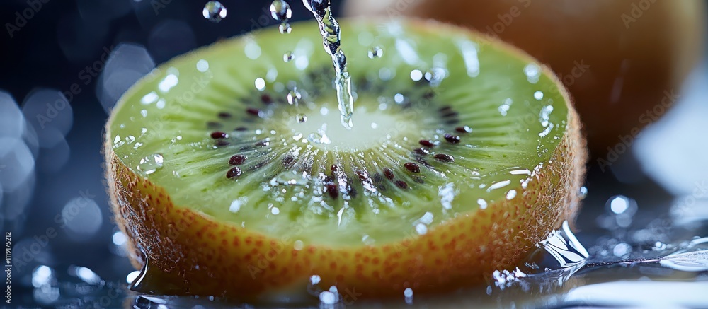 Poster close-up of a kiwi fruit slice with water droplets splashing on it.