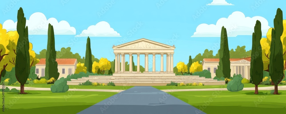 Poster a serene landscape featuring classical architecture with greenery and a pathway.