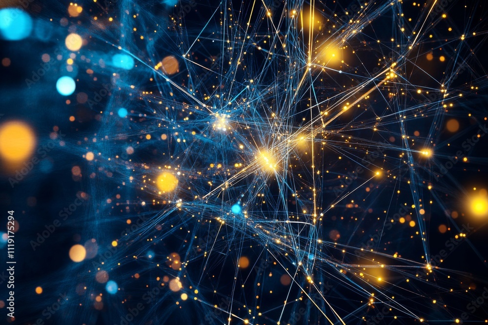 Poster interconnected lines and dots network in dark blue, creating futuristic technological landscape - cl