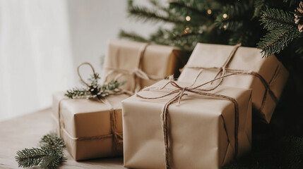 Christmas Tree with Brown Paper Wrapped Presents and String Ties - Rustic Holiday Style