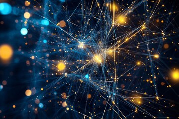 Fototapeta premium Interconnected Lines and Dots Network in Dark Blue, Creating Futuristic Technological Landscape - Close-Up Photo with Blurred Background.