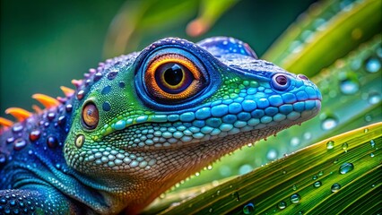 A vibrant, iridescent lizard perched on a lush green leaf, its eye reflecting the intricate details of its surroundings.