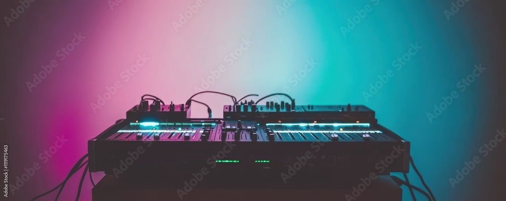 Poster a colorful synthesizer setup with various controls and lights for music production.