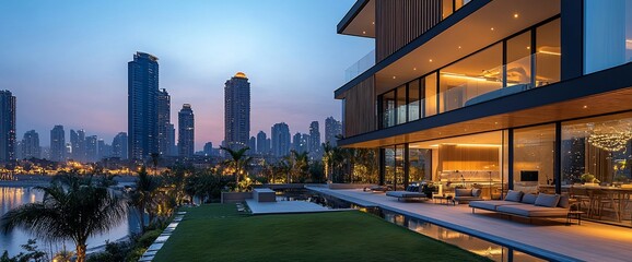 Modern waterfront home with city skyline view at twilight.