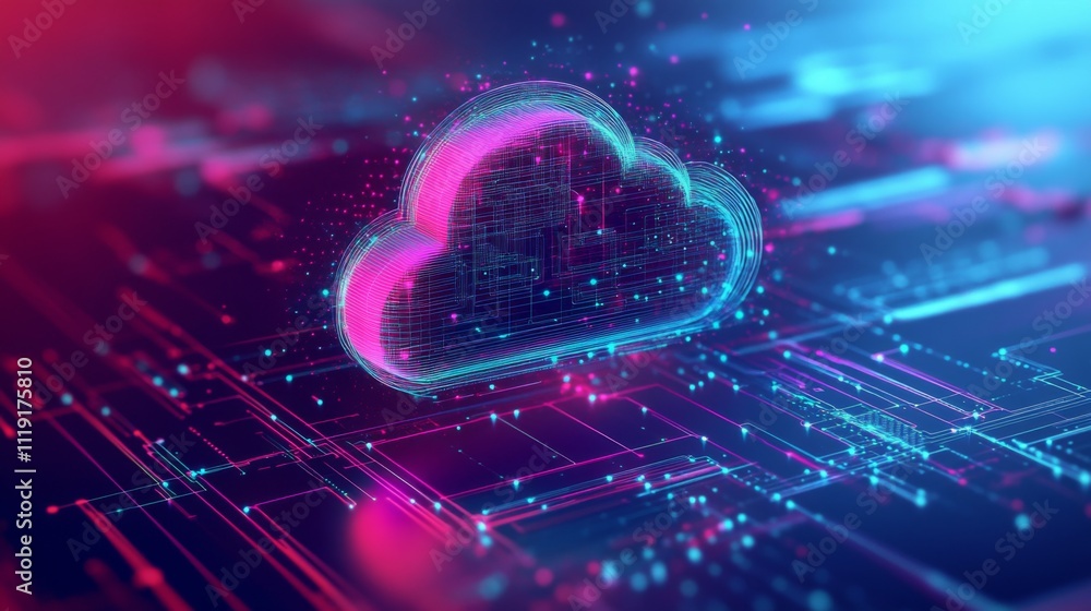 Poster futuristic cloud computing digital illustration on dark blue background with circuit board pattern a