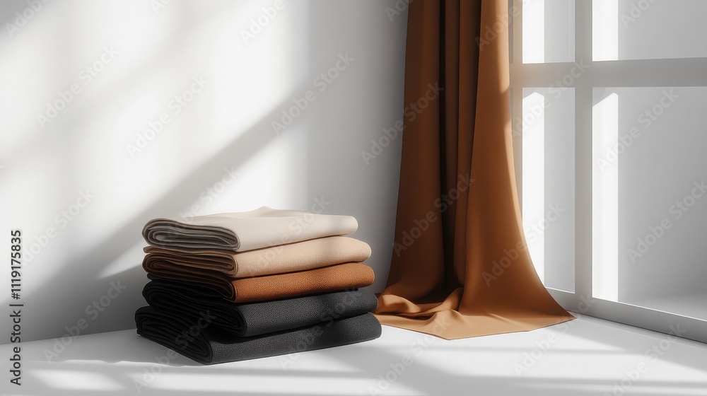 Aufkleber soft textiles stacked neatly in a minimalist room with natural light filtering through windows for s