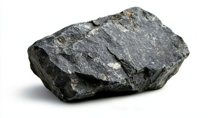 Fototapeta premium Title: Large Dark Grey Rock with Rough Texture on White Background - Textured Surface and Jagged Edges