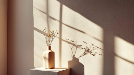 Minimalist Beige Wall Background  Dried Flowers  Sunlight Shadows  Home Decor  Product Dis
