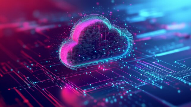 Futuristic cloud computing digital illustration on dark blue background with circuit board pattern and pink/purple gradient accents.