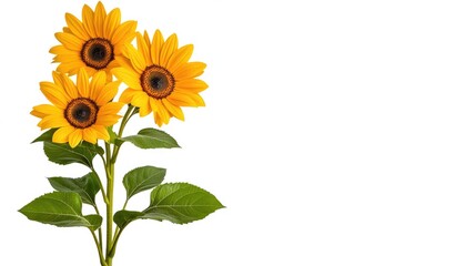 Obraz premium Bright Sunflowers Isolated on White Background with Green Leaves and Stems Showcasing Nature's Beauty and Vibrant Colors