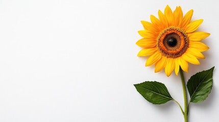 Obraz premium Bright Sunflower on White Background with Green Leaves Highlighting Natural Beauty and Simplicity in Minimalist Style