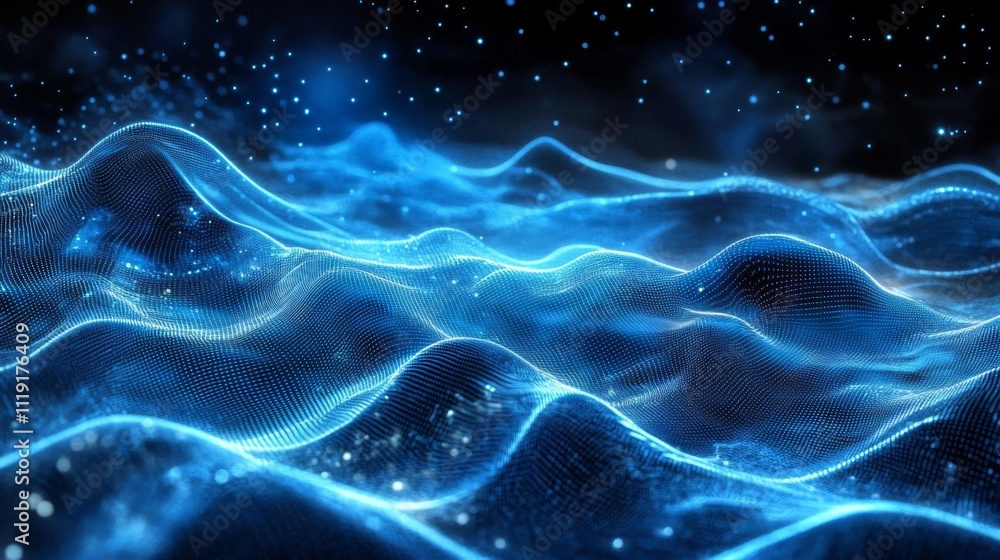 Poster abstract digital art of a wave in dark blue background with white dots, creating depth and movement.