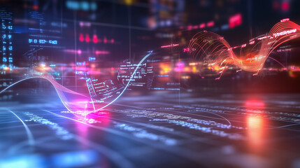 Obraz premium Floating mathematical formulas and graphs in a futuristic digital environment, glowing holograms