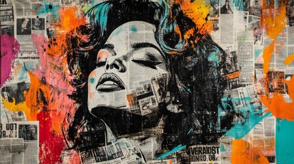 Portrait of woman in her late twenties or early thirties with dark hair in thoughtful pose amid colorful chaos