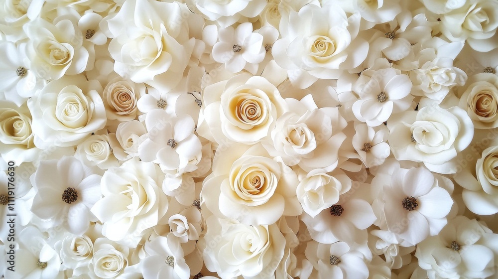 Poster Elegant and Sophisticated Close-Up of Overlapping White Roses with Intricate Petal Patterns and Subtle Sheen.