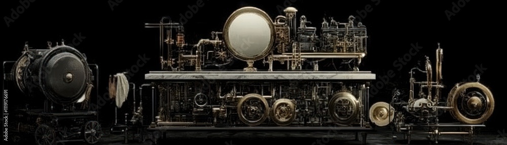 Poster a complex steampunk machine with intricate gears and a large circular mirror.