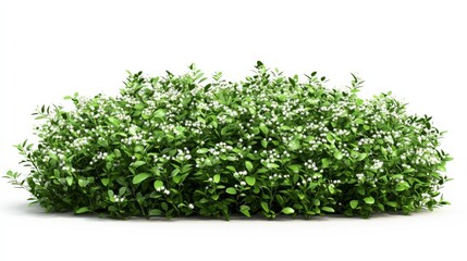 Fototapeta premium Minimalistic image of a small shrub with green leaves and white flowers against a plain white background.