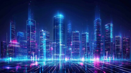 Fototapeta premium Futuristic night cityscape with vibrant lights illuminating tall skyscrapers and modern architecture, creating a dynamic urban atmosphere.