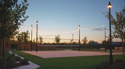 Beautiful Outdoor Volleyball Court Surrounded by Lush Greenery and Stylish String Lights at Dusk, Perfect for Evening Sports and Recreation Activities
