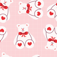 Cute Teddy Bear Pattern With Hearts on Pink Background