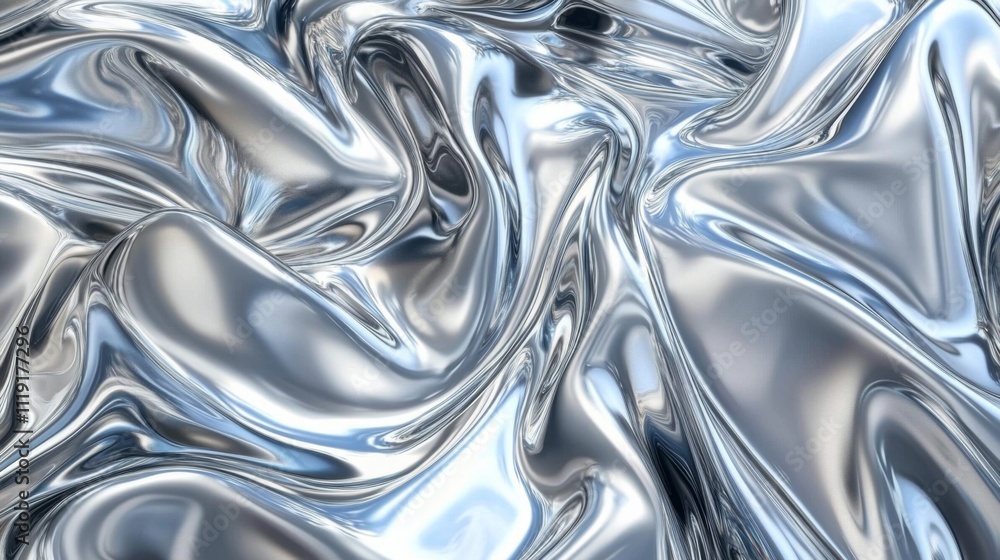 Poster shiny metallic abstract digital art with wavy lines on blue and silver gradient background, creating