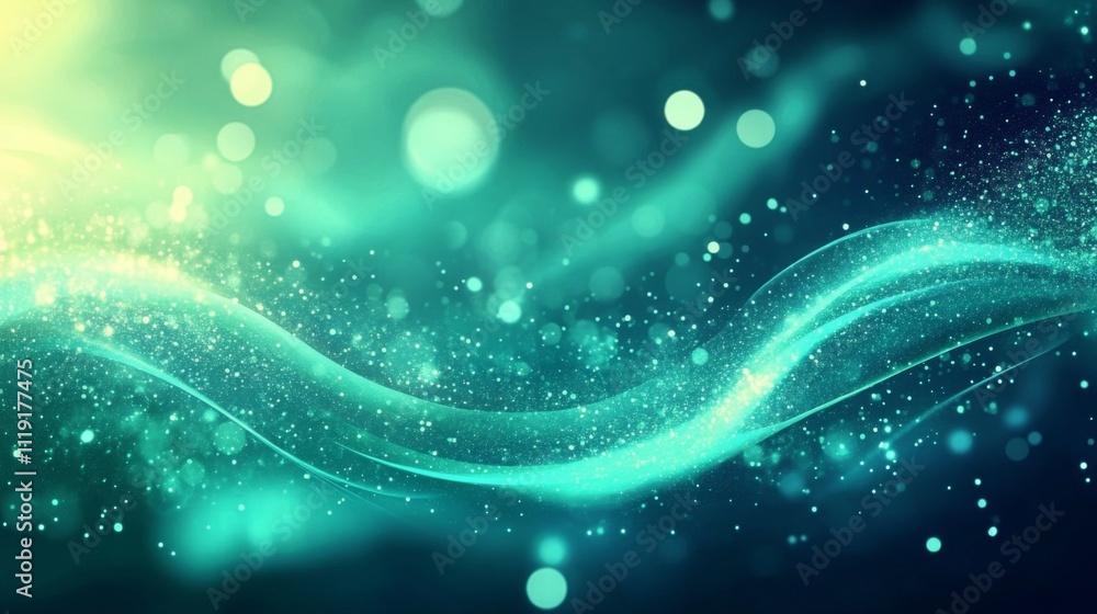 Poster abstract digital art: dark blue background with wave-like pattern of light blue and green colors cre