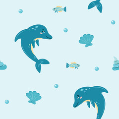 Obraz premium Seamless pattern sea life. Marine animals dolphin and fish on blue background. Vector illustration.