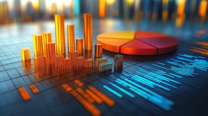 A vibrant 3D data visualization combining orange bar charts and blue pie graphs on a reflective surface, showcasing business analytics in a modern style.