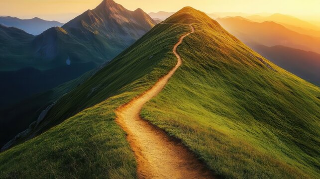 A winding dirt trail snaking up a green mountain slope, the path illuminated by golden morning light, winding pathway mountains copy space, sunrise hike, realistic, double exposure