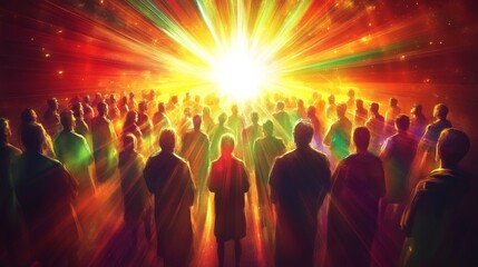 Group of people in colorful robes standing in circle, radiating awe-inspiring energy in religious setting.