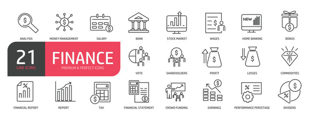 Set of line icons related to finance, business strategy, solution, idea. Outline icons collection. Editable stroke. Vector illustration. stock illustration