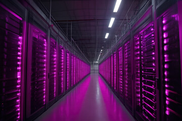 Fototapeta premium Dark server room corridor with glowing purple lights.