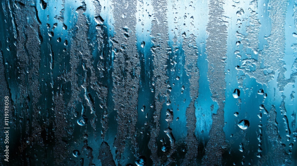 Aufkleber raindrops creating textured pattern on close-up window with deep blue background, glistening in ligh