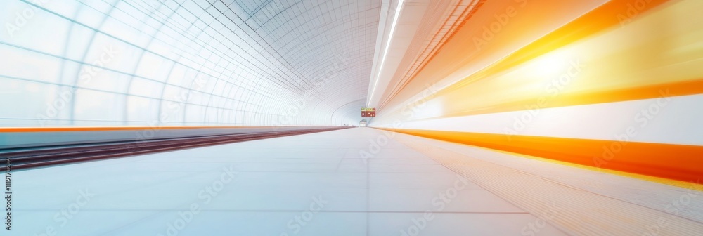 Poster futuristic railway terminal with geometric patterns and dynamic light streaks