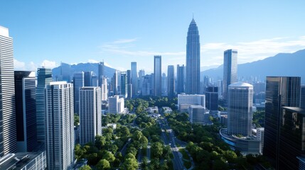Fototapeta premium A modern city skyline with skyscrapers and green spaces.