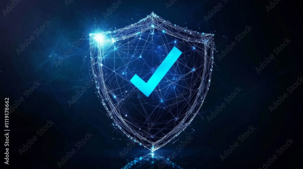 Poster digital illustration of a shield with a blue checkmark, interconnected lines and dots forming a netw