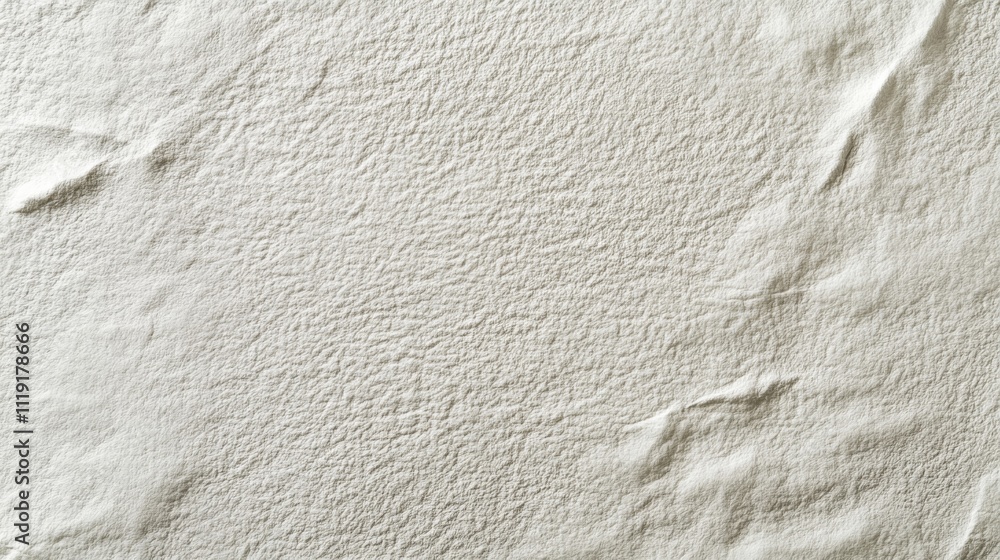 Poster top-down close-up of textured light-colored surface resembling paper or fabric, featuring rough and 