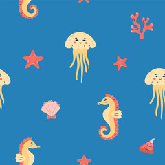 Seamless pattern sea life. Marine animals jellyfish and seahorse on blue background. Vector illustration.