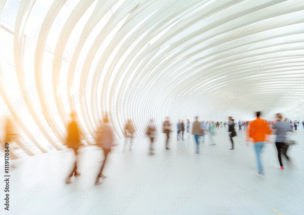 Leinwandbilder futuristic urban transit hub with blurred commuters in curved architecture