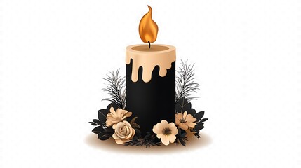 Elegant Black Candle with Beige Flowers - Digital Illustration AI Generated