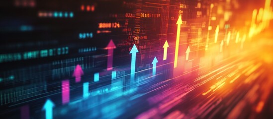 Abstract digital background with upward arrows and glowing lines.