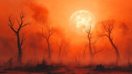 Desolate red landscape with bare trees under blood moon, depicting environmental devastation and ecological warning