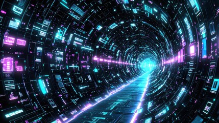Futuristic Digital Tunnel with Neon Lights and Abstract Patterns