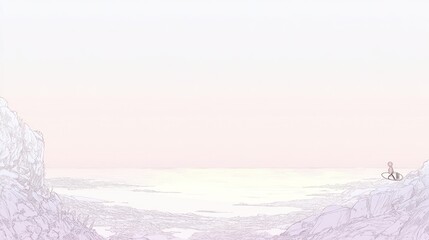 A serene landscape featuring a figure gazing at a tranquil sea under a pastel sky.