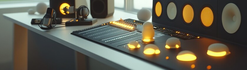 A modern music production workspace featuring equipment and ambient lighting.