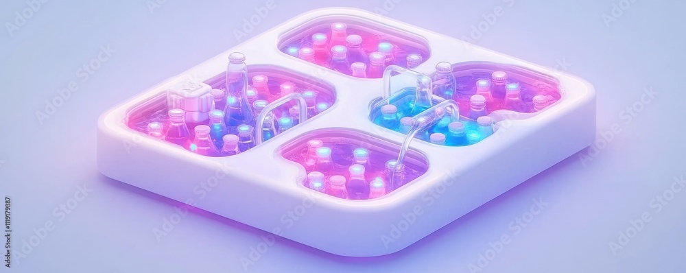 Poster a futuristic display of glowing vials in a high-tech arrangement.