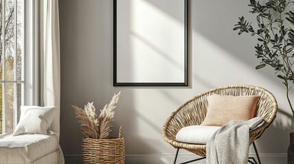 Modern living room, white picture frame, home, sofa, light, simple style