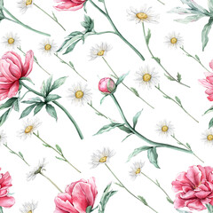 Seamless pattern with watercolor bouquet of pink peony and chamomiles in full bloom. Hand drawn illustration beautiful floral flowers. Repeat wallpaper with summer botanical plant on isolated.